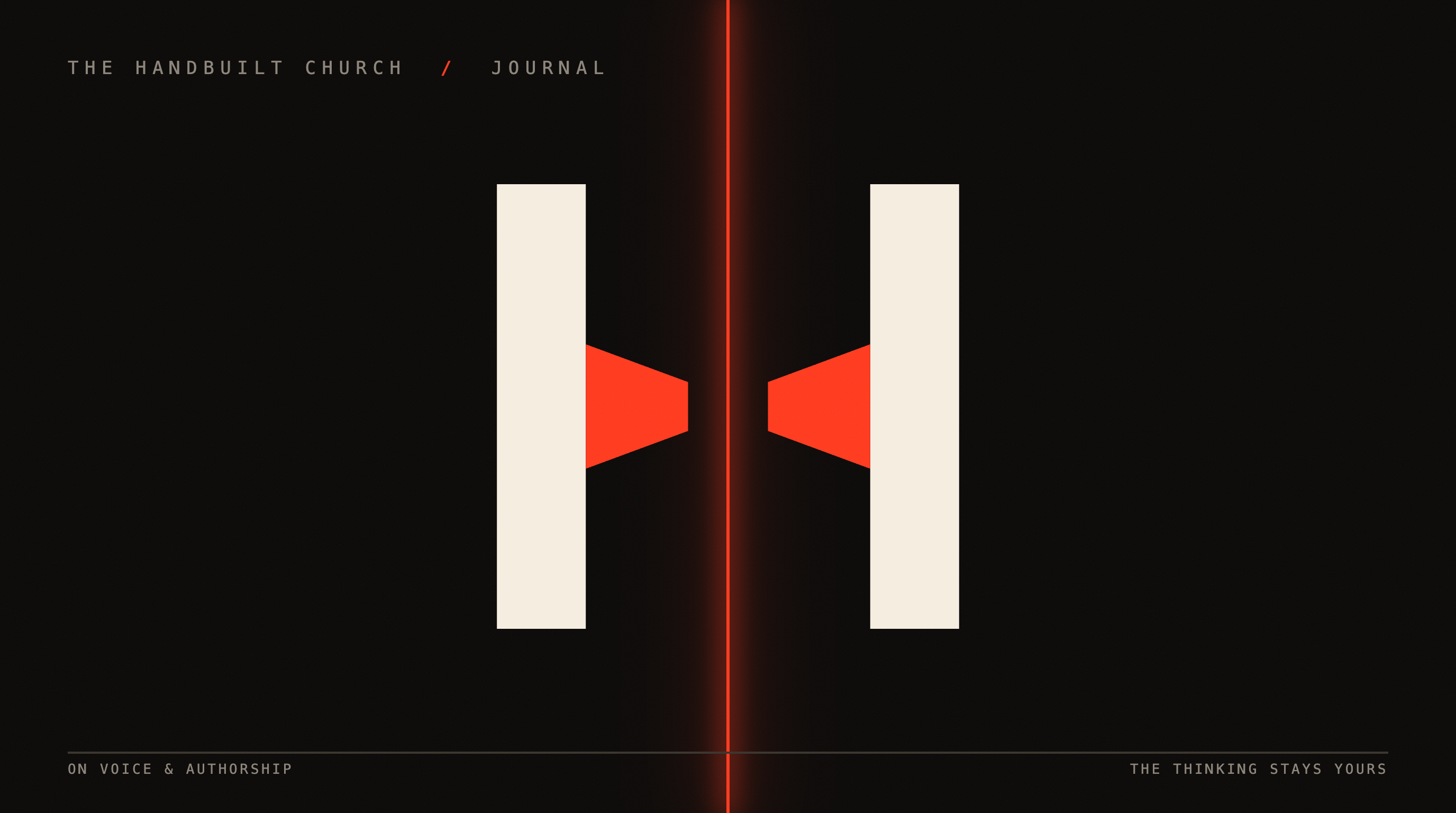 The Handbuilt Church journal: the Reach mark, two forms reaching across a gap that never closes.